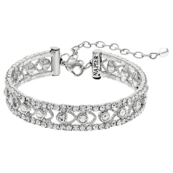 NAPIER Art Deco Silver Clear Crystal/Textured Detail Flex Cuff Bracelet**NEW! - Picture 1 of 1